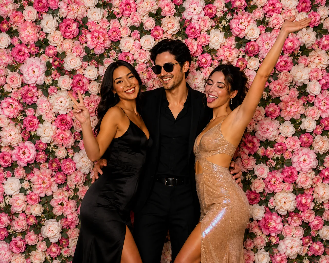 Guests posing in front of the Pink Flowers backdrop